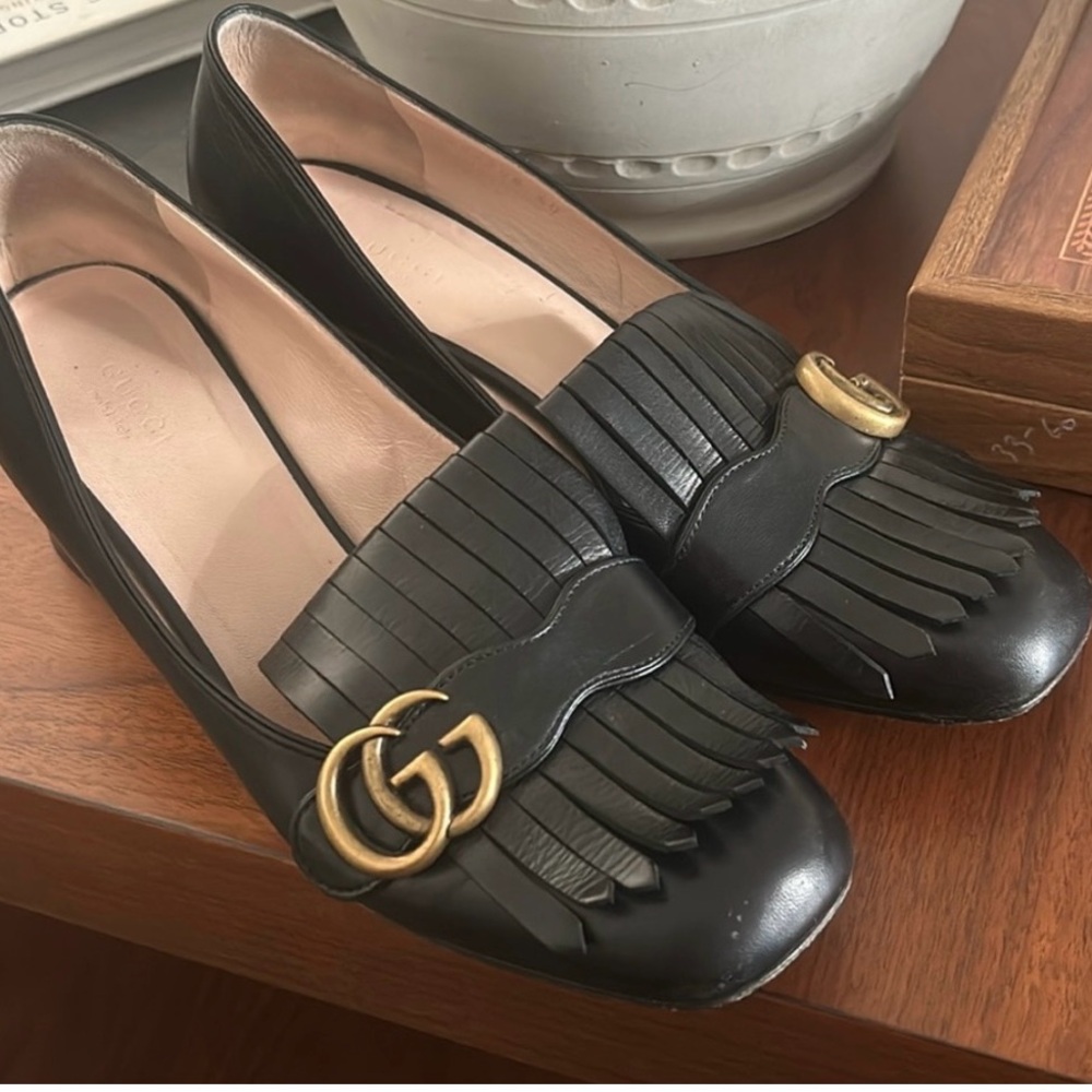 Gucci Black Fringe Heels with Gold Accent